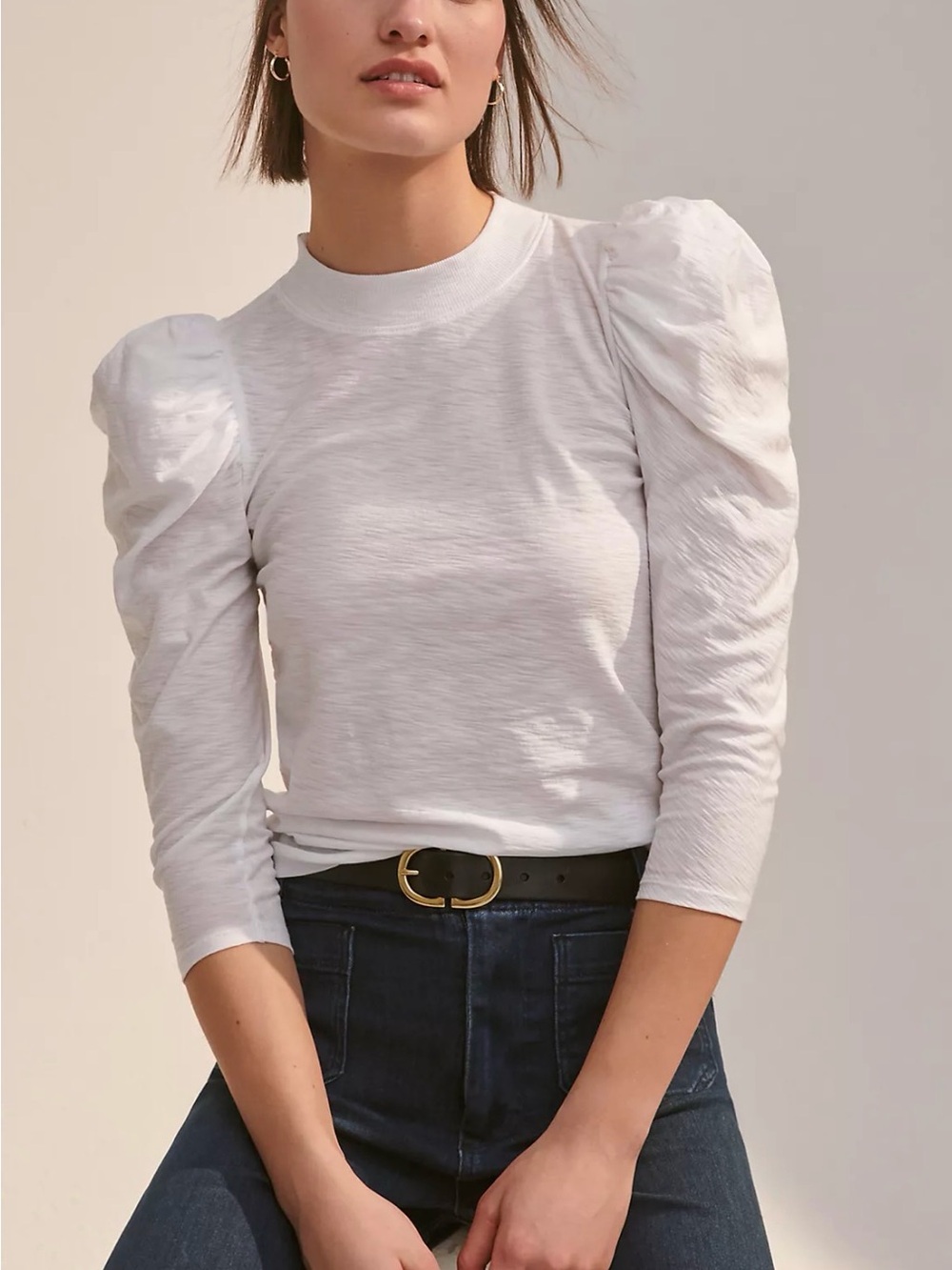 Nation LTD Zeta Ivory Cream Signature Romantic Puff Long Sleeve Gold Button Tee